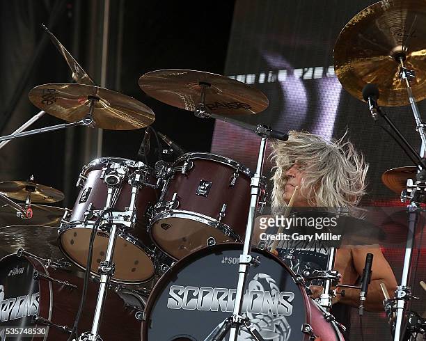 Mikkey Dee performs in concert with the Scorpions during the River City Rock Fest at the AT&T Center on May 26, 2016 in San Antonio, Texas.