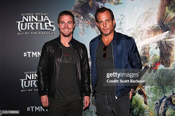 Stephen Amell and Will Arnett attend the Teenage Mutant Ninja Turtles: Out of the Shadows fan screening at Village Cinemas Jam Factory on May 30,...