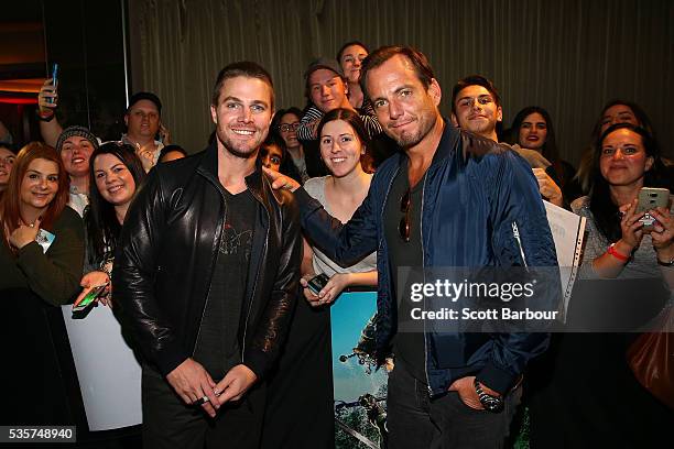 Stephen Amell and Will Arnett attend the Teenage Mutant Ninja Turtles: Out of the Shadows fan screening at Village Cinemas Jam Factory on May 30,...