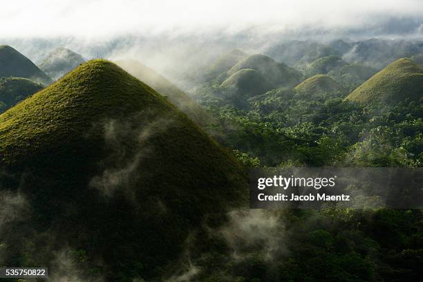 morning mist at the chocolate hills, bohol. - bohol stock pictures, royalty-free photos & images