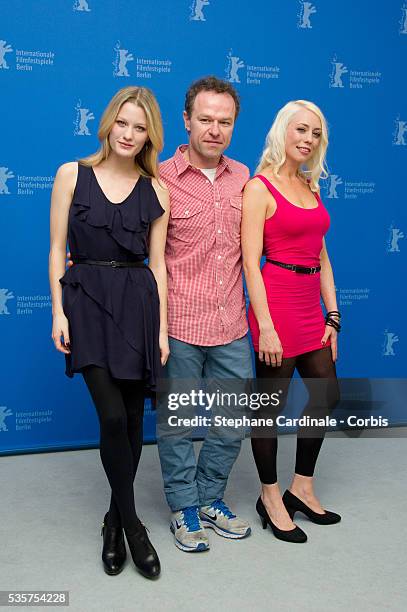 Actress Ashley Hinshaw, director Stephen Elliott and actress and scriptwriter Lorelei Lee attend the Cherry Photocall during the 62nd Berlin...