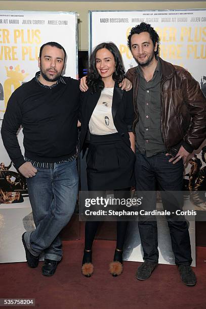 Nabil Ben Yadir, Amelle Chahbi and Nader Boussandel attend the premiere of "Les Barons" in Paris.