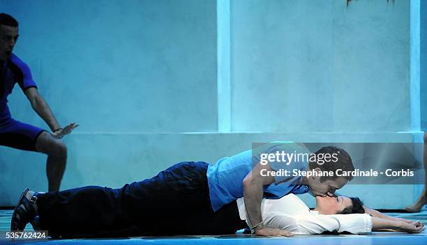 Dan Menash and Gaelle Gauthier perform on stage during the Mamma-Mia! rehearsals at Theatre Mogador in Paris.