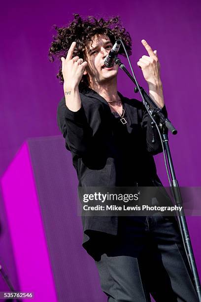 Matthew Healy from the 1975 performs on stage at Powderham Castle on May 29, 2016 in Exeter, England.