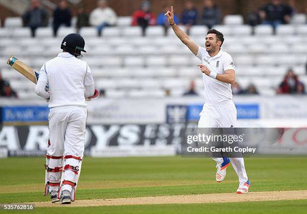 James Anderson of England celebrates dismissing Milinda Siriwardana of Sri Lanka during day four of the 2nd Investec Test match between England and...