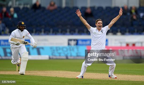 England bowler Chris Woakes has an lbw appeal turned down against Sri Lanka batsman Dinesh Chandimal during day four of the 2nd Investec Test match...