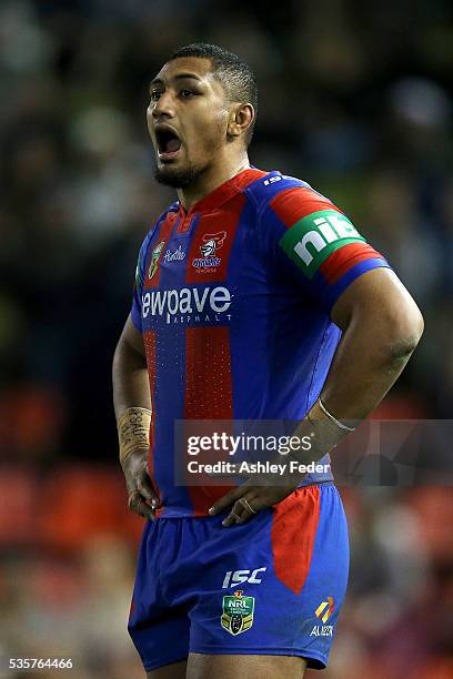 Pauli Pauli of the Knights looks on during the round 12 NRL match between the Newcastle Knights and the Parramatta Eels at Hunter Stadium on May 30,...