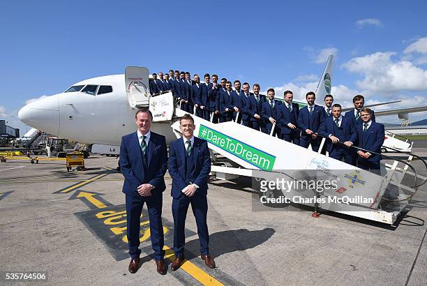 Manager Michael O'Neill and captain Steve Davis with the Northern Ireland team as they pose for an official photograph before their training camp...