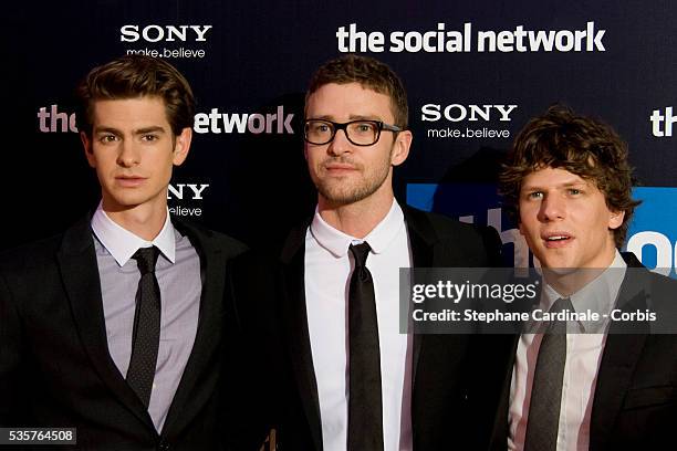 Andrew Garfield, Justin Timberlake and Jesse Eisenberg attend the premiere of "The Social Network" in Paris.