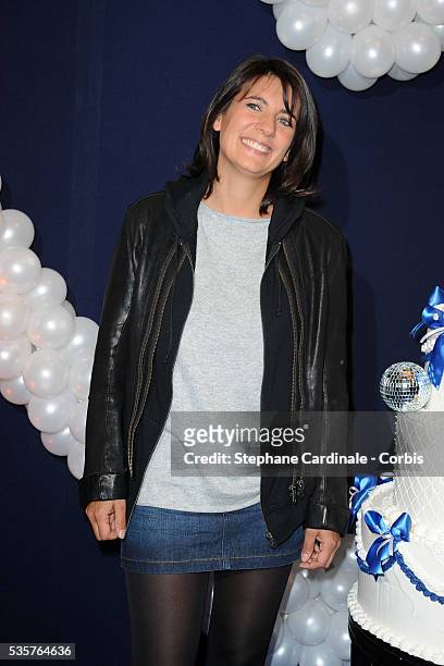 Estelle Denis attends the premiere of "Mamma Mia !" at Theatre Mogador in Paris.
