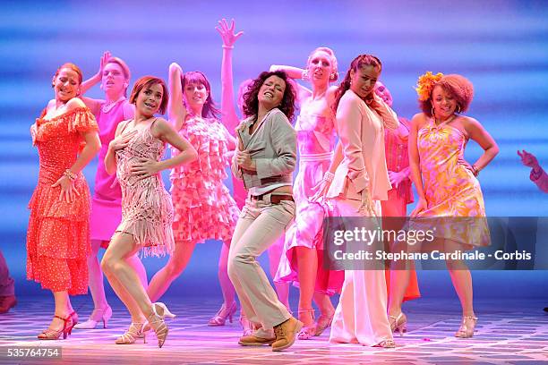 Gaelle Gauthier performs on stage during the Mamma-Mia! rehearsals at Theatre Mogador in Paris.