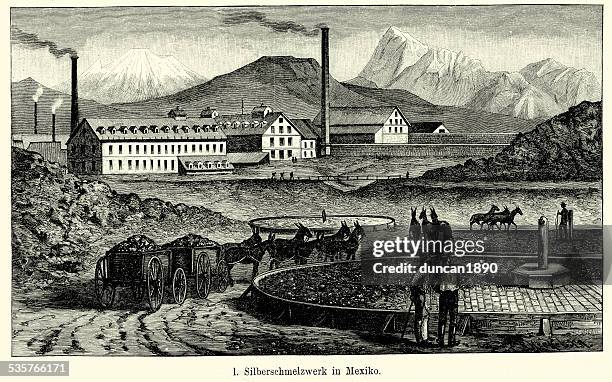 19th century mexico - silver smelting plant - mining minerals stock illustrations