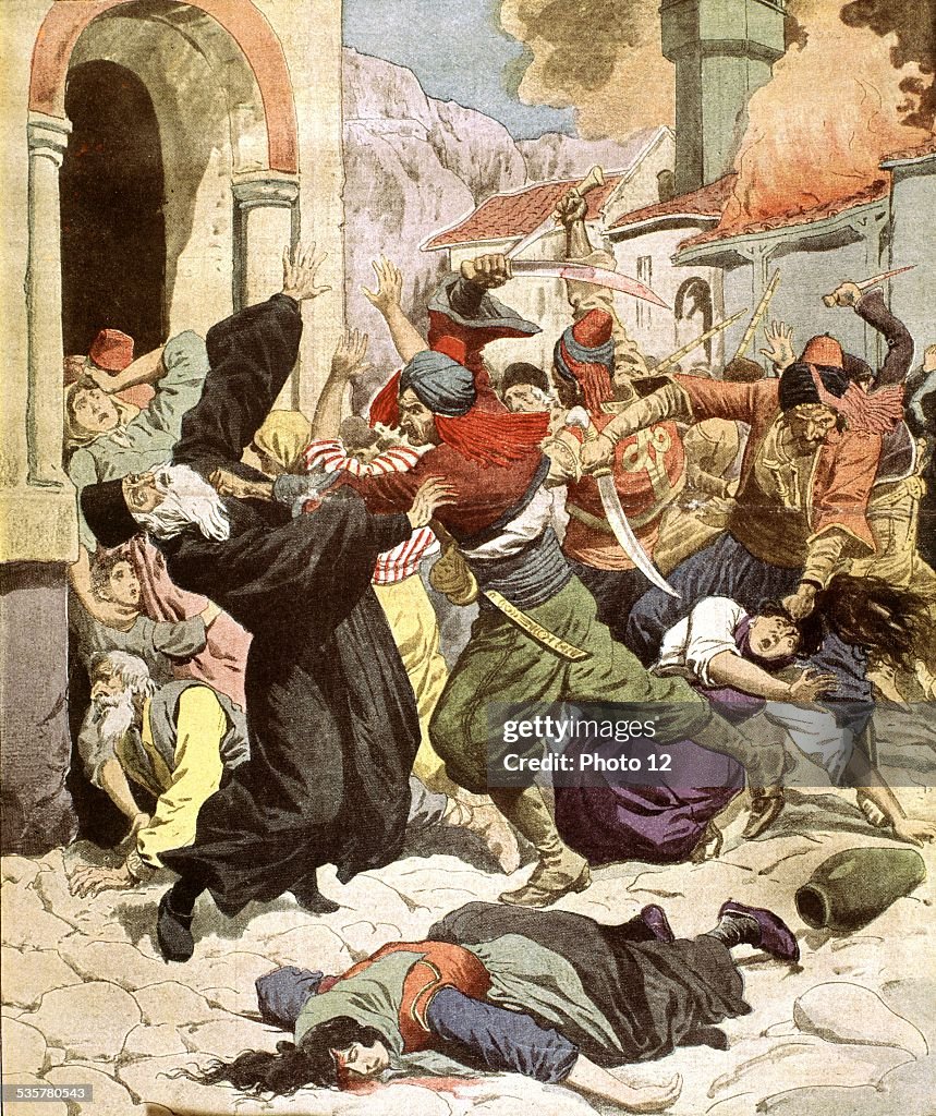 Turkish people massacring serbian peasants during the war in the Balkans