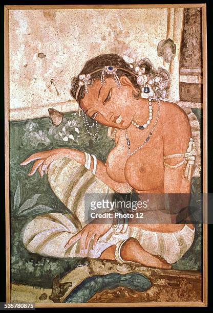 Ajanta wall painting, Guyta era, Young woman seated, Undated, India, Paris, Musée Guimet, .
