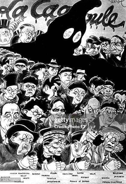 Satirical cartoon, published in the newspaper "Regards", against the "Cagoule" , February 24 France.