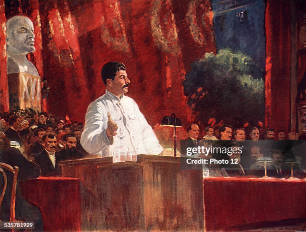 Stalin at the 6th Congress of the Russian Communist Party. Engraving by A. Gerossimov, 20th century, U.S.S.R.