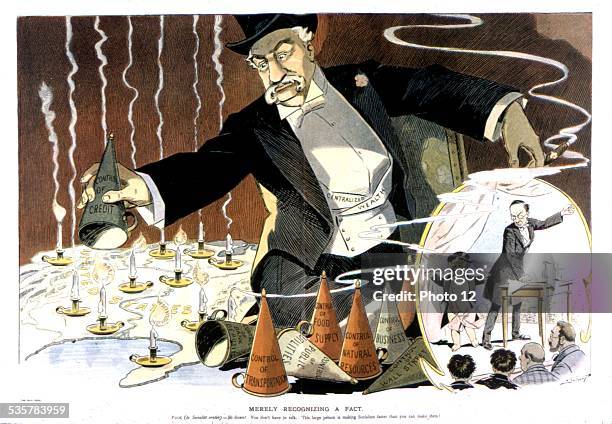 Caricature against the Trusts: control of the natural resources, Wall Street and credits. Published in "Puck", January 1911, United States,...
