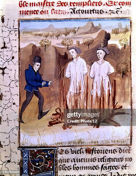 Miniature. Torture of the Temple's grand masters and the Templars, ordered by Guillaume de Nogaret under the reign of Philip the Fair , Torture of...