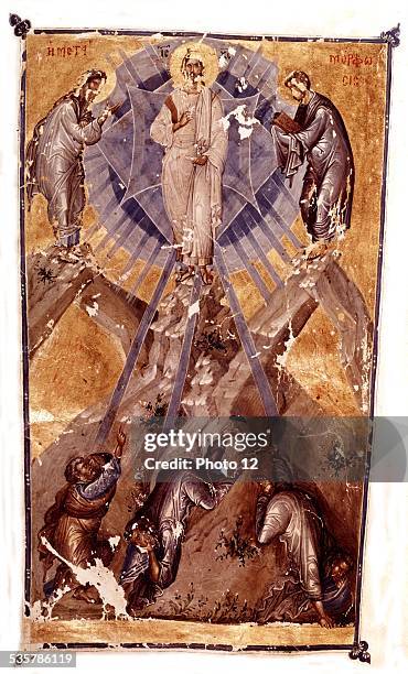 Jean VI Cantacuzene ., 'Theological works' . The Transfiguration, Moise and Elie surrounding Christ radiant with the light of a 8-branch star sending...