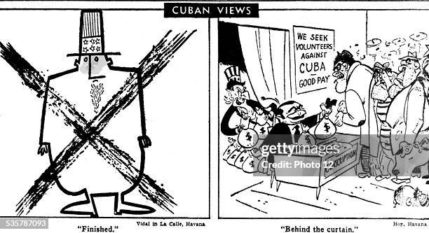 Landing at the Bay of Pigs. Satirical cartoons, issued in a Cuban newspaper, denouncing American intervention in Cuba Cuba.