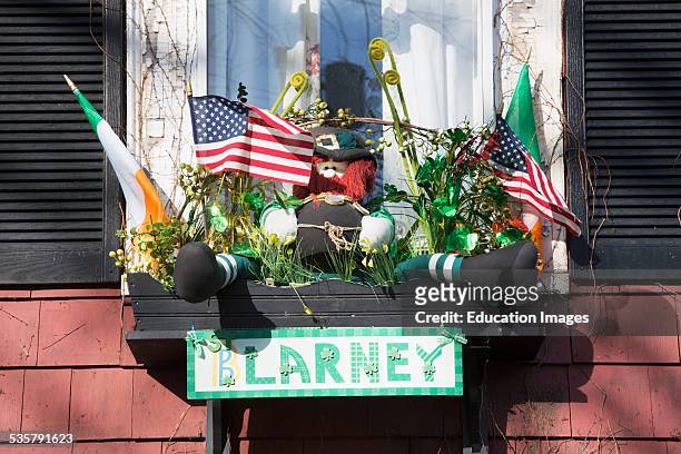 Clarney window display, St Patricks Day Parade, South Boston, Massachusetts.