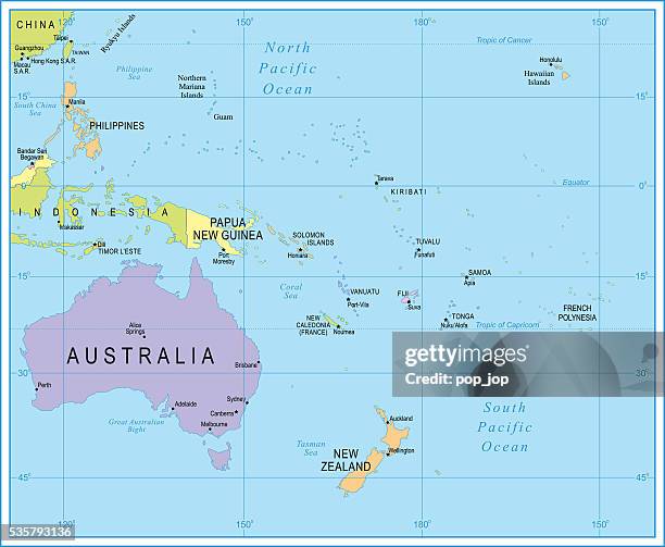 map of australia and oceania - illustration - australia capital cities map stock illustrations