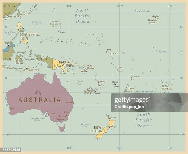 vintage map of australia and oceania - new caledonia stock illustrations