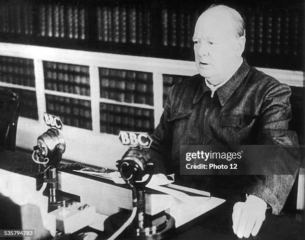 Winston Churchill speaking at the BBC,, 20th century,, Great Britain - World War II.