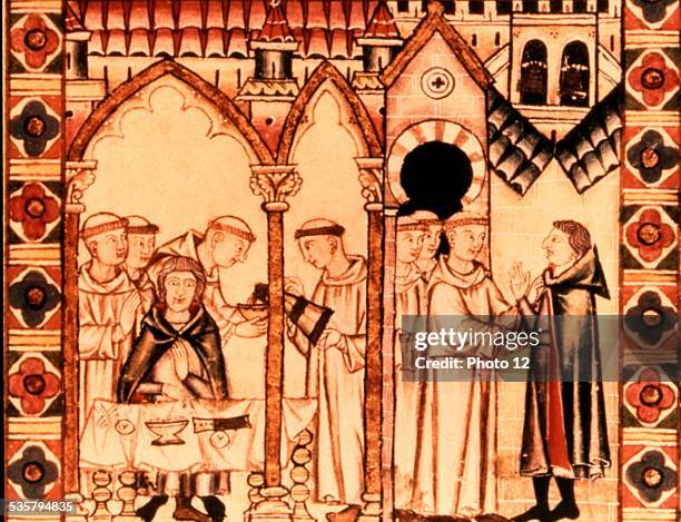 Miniature, 'Alfonso X, Cantigas de Santa Maria', The poor man and the pilgrim receive hospitality at a monastery,, 13th century,, Spain, Escorial...