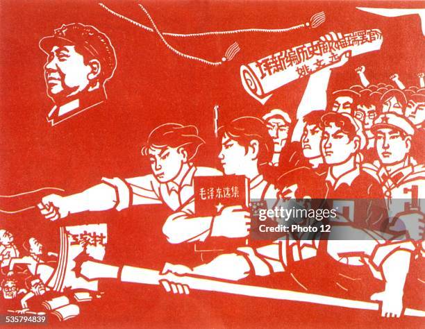 Propaganda poster, during the Cultural Revolution., The Red Guards protest by brandishing an anti Maoist book by Hai Jui,, c.1967,, China.