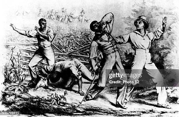 Poster showing a fugitive black man followed by white armed "slave chasers", 19th, United States.