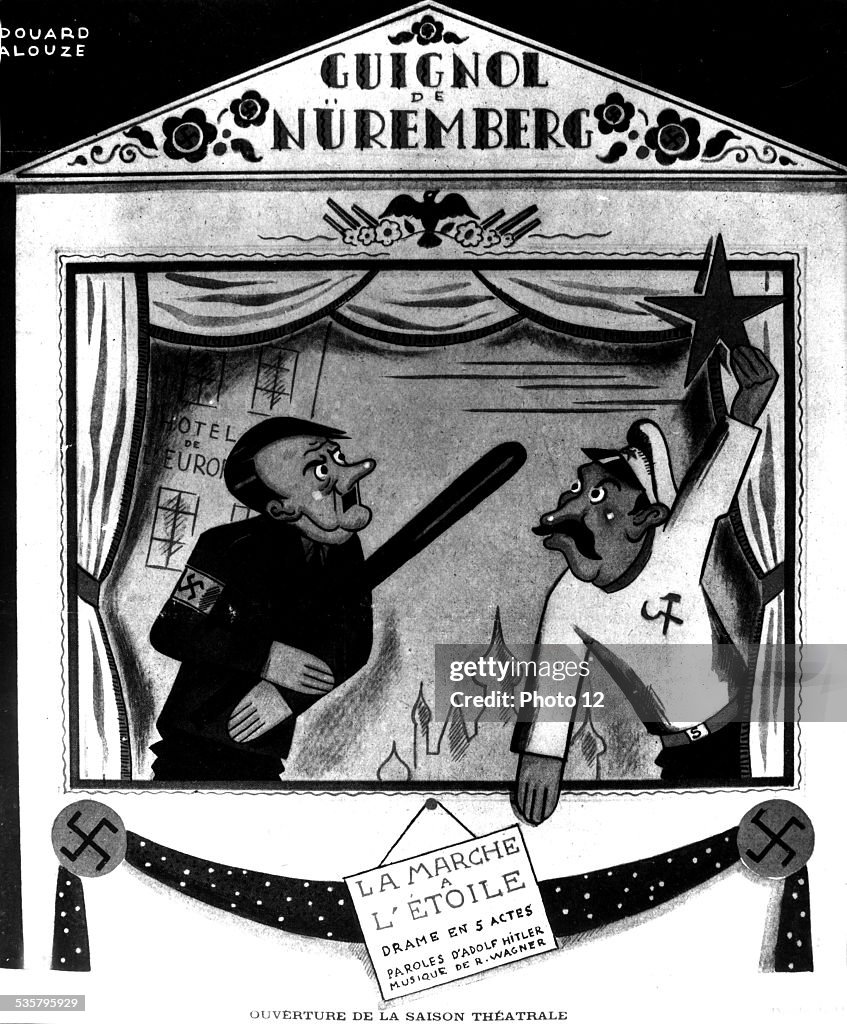 Caricature by E. Halouze in "The Laughter". "The Puppet". (Hitler and Stalin)