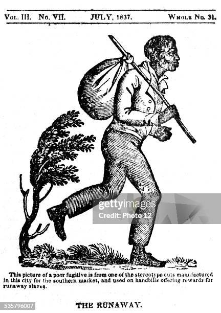 The Runaway. Wooden engraving used on handbills offering rewards to those who found fugitive slaves United States, Washington. Library of Congress, .