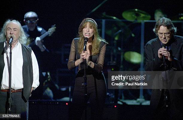 From left, David Crosby, Carly Simon, and Jimmy Webb sing at the Tribute to Brian Wilson, New York, New York, March 8, 2001.
