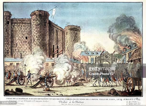 Storming of the Bastille, Colored engraving of the time, July 14, 1789.