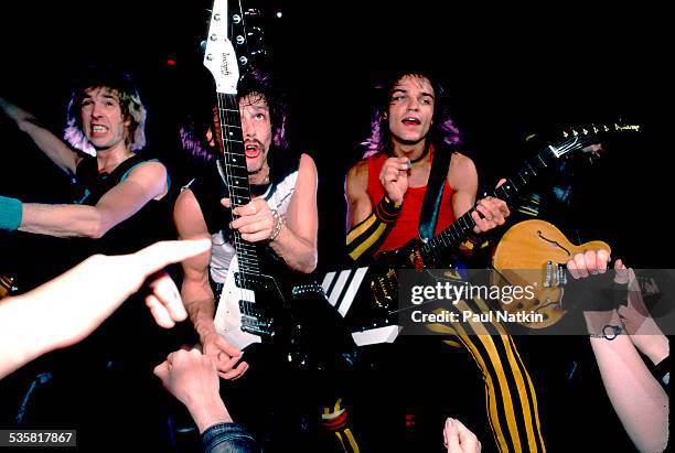 View of the band the Scorpions performing at the Rosemont Horizon, Rosemont, Illinois, May 20, 1984.