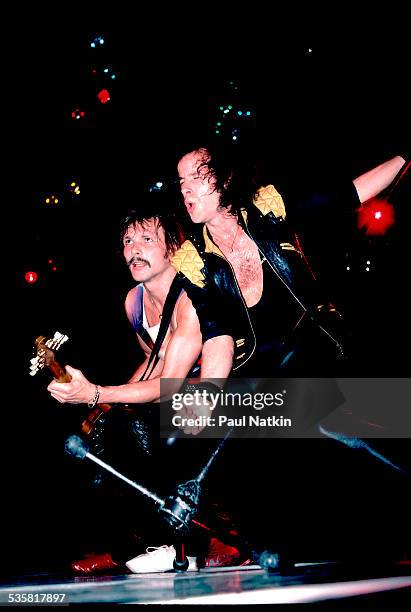 View of the band the Scorpions performing at the Rosemont Horizon, Rosemont, Illinois, May 20, 1984.