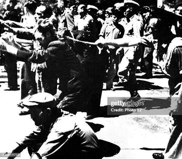 Jewish men aged 18 to 45 leaving for a nazi concentration camp, Elevtherion, Salonica square, September 11 Greece, Second World War war, Athens,...