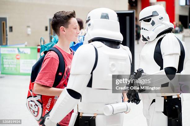 Cosplay enthusiasts in character as Stormtroopers for Star Wars on Day 2 of MCM London Comic Con at The London ExCel on May 28, 2016 in London,...
