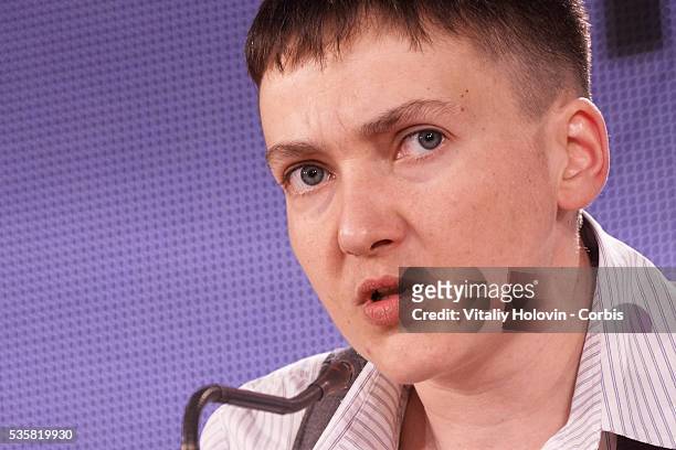 Nadia Savchenko, Ukrainian pilot, member of the Ukrainian parliament and member of the Ukrainian delegation to PACE, attends a press conference on...