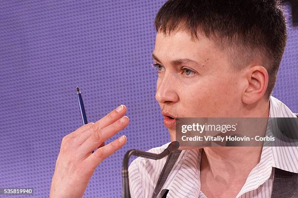 Nadia Savchenko, Ukrainian pilot, member of the Ukrainian parliament and member of the Ukrainian delegation to PACE, attends a press conference on...