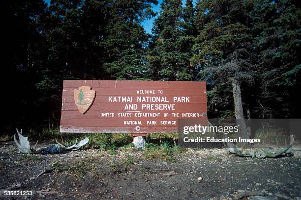 Katmai National Park Entrance Brooks river sign welcomes newly arriving guests, Alaska.