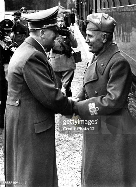 Berlin. At the station, Hitler says goddbye to Mussolini, April 10 Germany - Second World War.