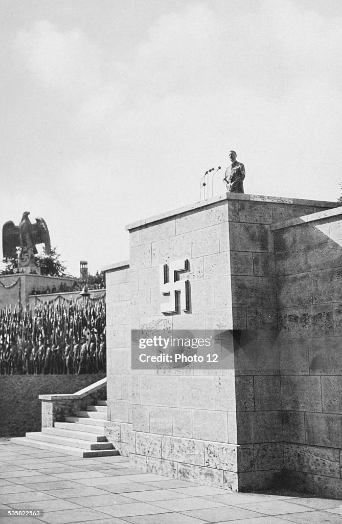Hitler at the rostrum in the Luitpold Arena, Nuremberg (1935)