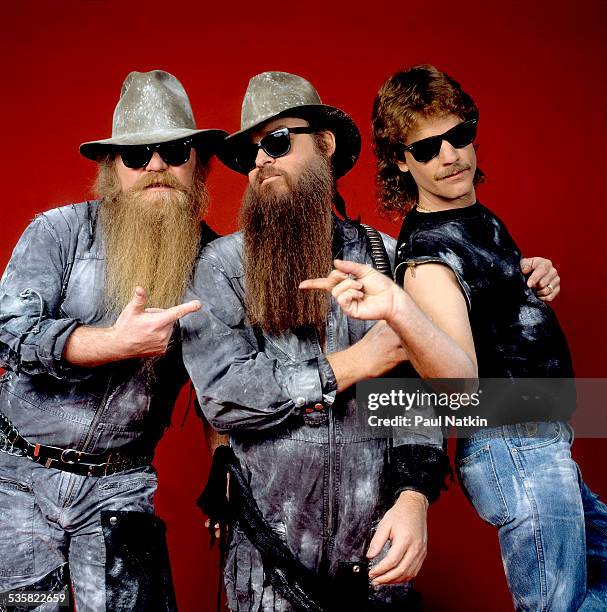 Portrait of the band ZZ Top at the Metro Center, Rockford, Illinois, February 8, 1984.