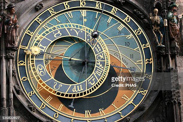 The Prague Astronomical Clock or Prague Orloj mounted on the southern wall of Old Town City Hall in the Old Town Square. Astronomical dial. Czech...