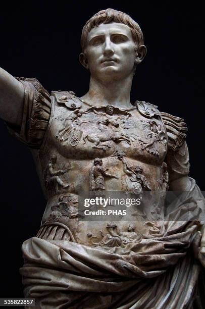 Augustus, . First emperor of the Roman Empire. Augustus of Prima Porta. White marble statue. 1st century. Detail with the breastplate carved in...