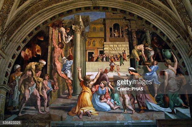 Giulio Romano . Italian painter and architect. Workshop of Raphael. High Renaissance. The Fire in the Borgo, 1514. Fresco. Raphael's Rooms. The Room...