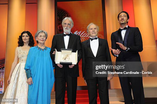 Actresses Audrey Tautou, Emmanuelle Riva and director Michael Haneke with the Palme D'Or for 'Amour' and actors Jean-Louis Trintignant and Adrien...