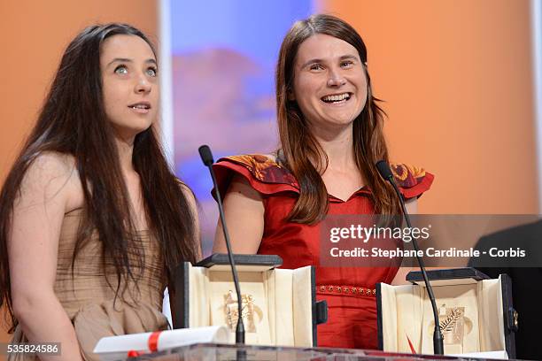 Best Actresses Cosmina Stratan and Cristina Flutur of 'Beyond The Hills' by Cristian Mungiu onstage at the Closing Ceremony, during the 65th Annual...